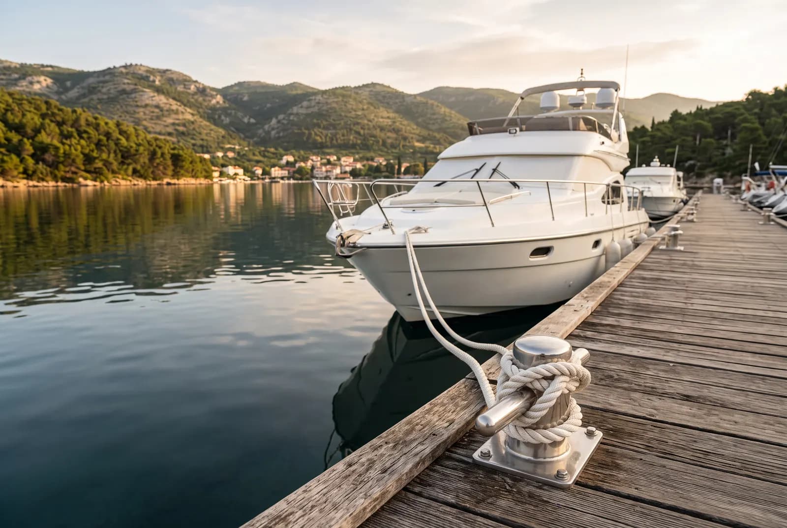 Flybridge-Motoryacht längsseits am Marinasteg an der Adria — belegte Festmacherleine im Morgenlicht.