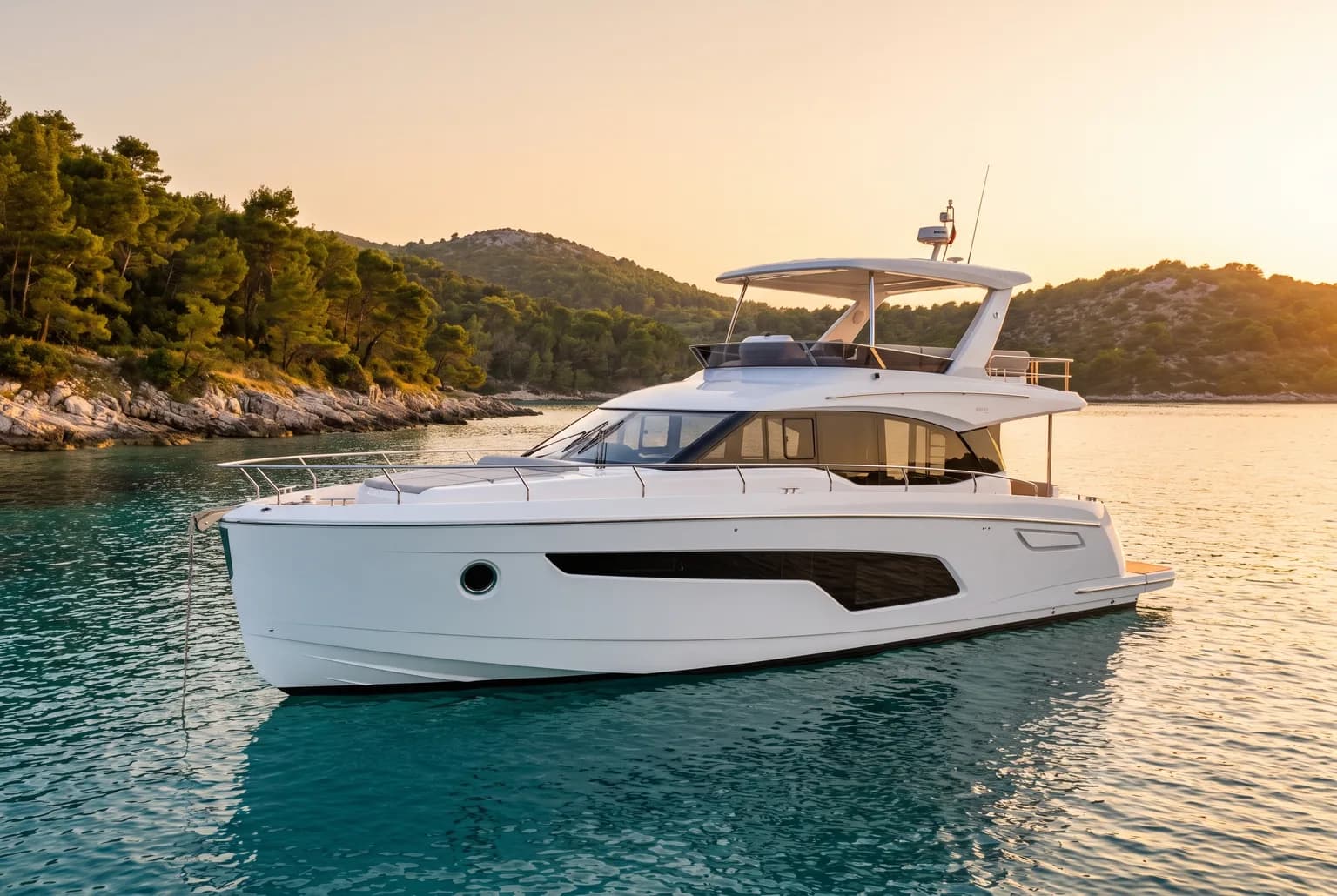 PrimaMare Essential, 12 bis 15 Meter — Außenansicht schräg von vorn vor der kroatischen Küste im Abendlicht.